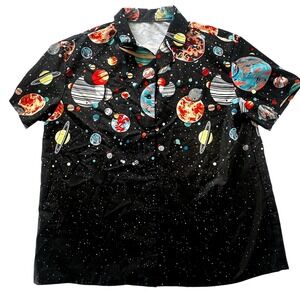 Men's Black Space Planets Button Front‎ Collared Shirt Size Medium Party Casual